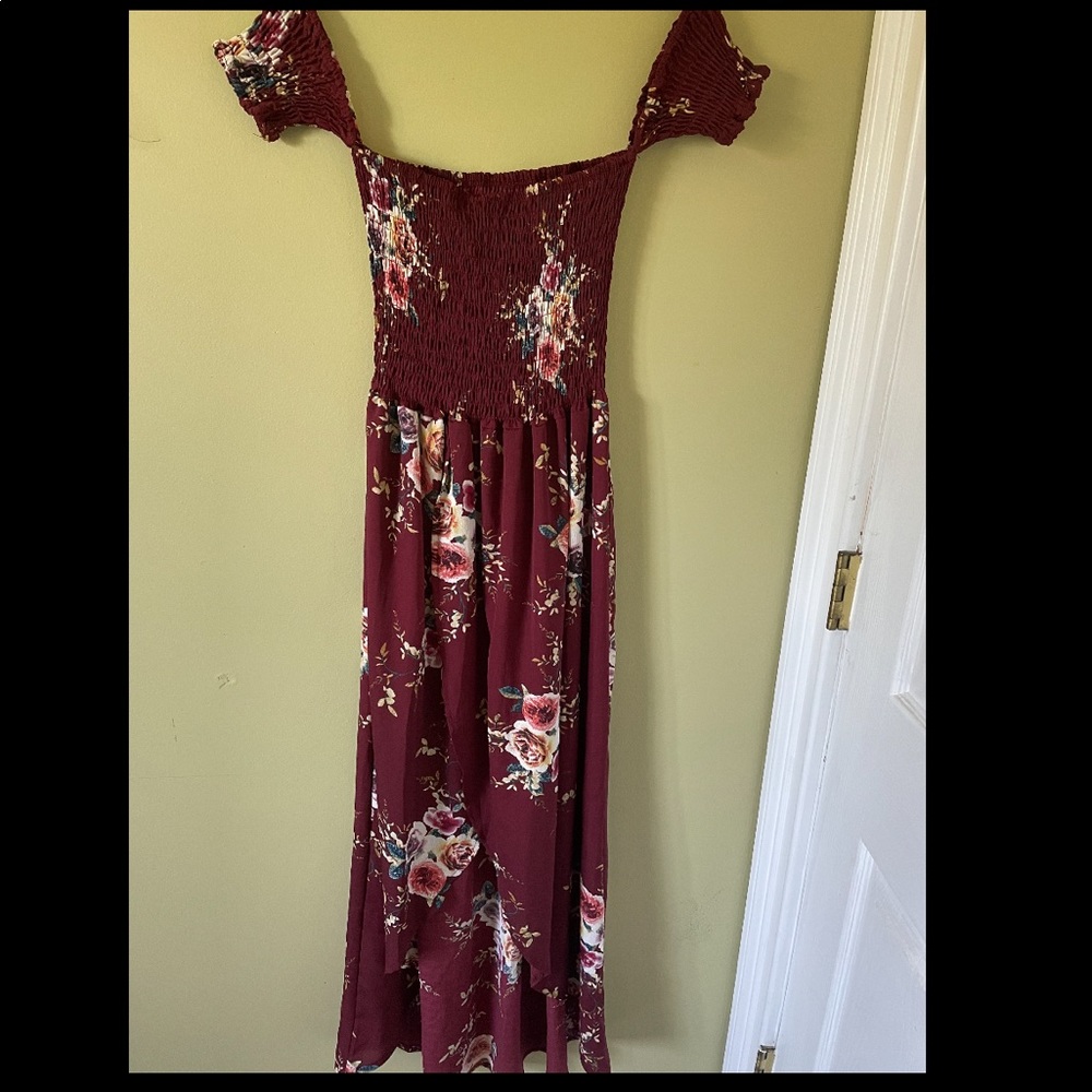 Full length floral wine off the shoulder dress